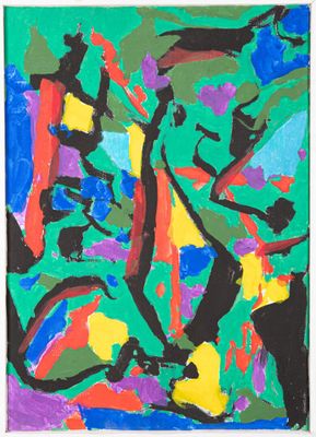 un tableau représentant une femme assise sur une chaise devant un fond vert
