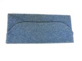 a close up of a blue felt purse on a white surface
