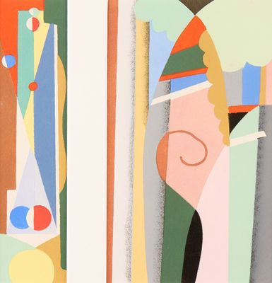 two abstract paintings of a woman and a man in different colors