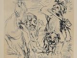 une image représentant un dessin en noir et blanc de deux personnes et d'un chien