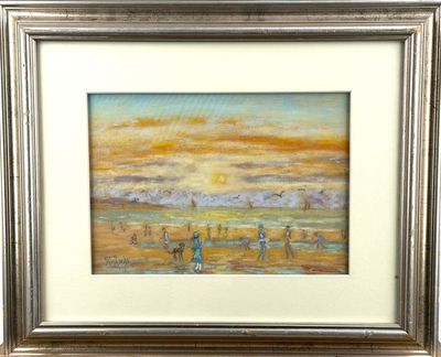 painting of a beach scene with people walking on the sand