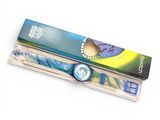 a blue and green watch sitting on top of a box of toothbrushes