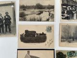 several old black and white photographs of people and animals in front of a house
