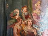 a painting of a woman in a red dress and a group of people