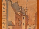painting of an old building with a clock on the front of it