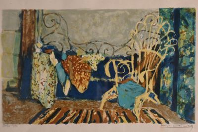 a picture of a painting of a chair and a cat