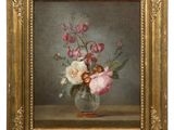 painting of flowers in a vase on a table with a gold frame