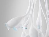a chandelier made of white and blue flowers hanging from the ceiling