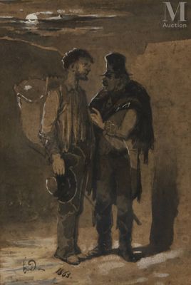 painting of two men standing next to each other in a dark room