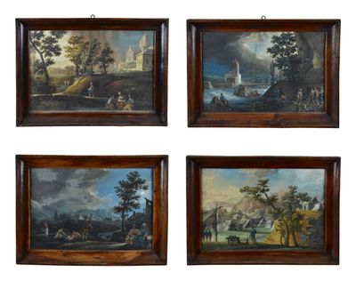 quatre tableaux encadrés représentant un paysage avec des personnages et une rivière