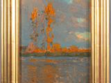 an oil painting of a landscape with trees and a body of water