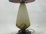 an old fashioned lamp with a glass shade on it