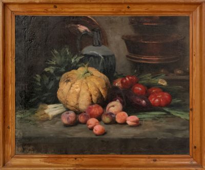 peinture d'une nature morte de fruits et légumes sur une table