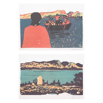 two pictures of people in a boat on a body of water with mountains in the background