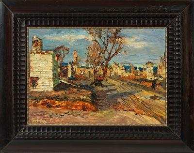 an oil painting of a dirt road with a tree in the foreground