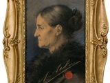 portrait d'une femme avec une rose dans les cheveux, dans un cadre doré