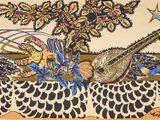 une image représentant une tapisserie sur laquelle figurent un oiseau et une guitare