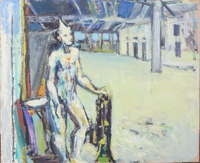 une peinture à l'huile représentant un homme assis sur une chaise à côté d'un chien