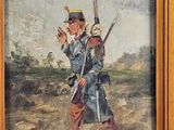 painting of a man in uniform carrying a rifle and a dog