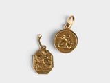 a pair of gold coin charms with a lion on it