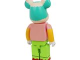the bear is wearing a pink and green shirt and green pants