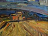 une peinture à l'huile représentant une scène de campagne avec une maison au loin