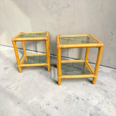 pair of bamboo and glass side tables with glass tops