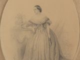 an old picture of a woman in a dress is shown in a gold frame