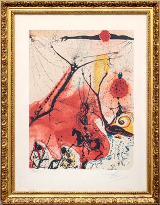 un tableau représentant un tableau rouge et jaune sur lequel figure un oiseau