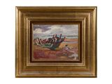 une image d'un tableau représentant un bateau sur une plage