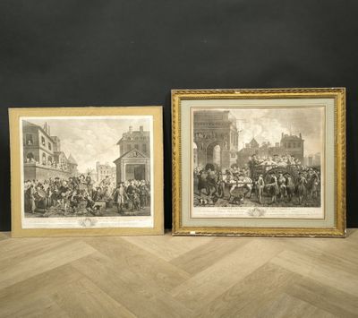 two framed prints of a scene of a street scene with a horse drawn carriage and a horse drawn carriage