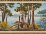 une peinture à l'huile représentant un lac entouré d'arbres sur une colline