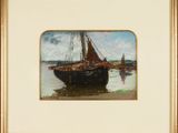 painting of a sailboat in a body of water with a sky in the background
