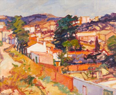 une image représentant un tableau d'une ville avec une colline en arrière-plan