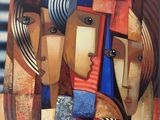 un tableau représentant trois personnes formant un cercle, sur un fond rayé