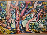 peinture abstraite représentant un groupe de personnes dans un environnement boisé