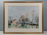 aquarelle encadrée représentant une scène de campagne avec une maison au loin
