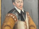 painting of a man in a brown and white outfit holding a book