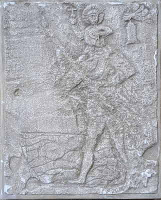 an image of a stone relief of a woman holding a flower