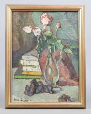 an oil painting of a vase of flowers and grapes on a table