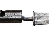 a close up of a knife on a white background with a white background