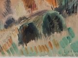 a watercolor painting of a landscape with trees and bushes