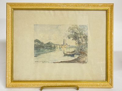 a painting of a river scene with a castle in the distance