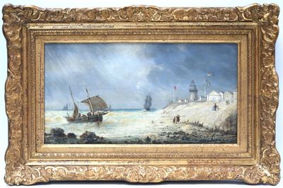 an oil painting of a boat on the water near a lighthouse
