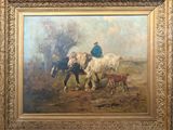 painting of a man riding a horse with two horses and a dog