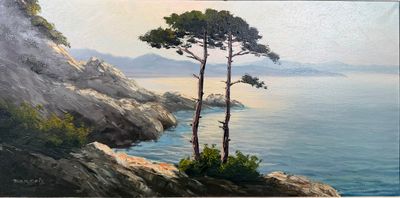 tableau représentant deux arbres sur une falaise rocheuse surplombant l'océan