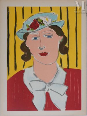 tableau représentant une femme coiffée d'un chapeau bleu et ornée de fleurs sur la tête