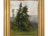 une peinture à l'huile représentant un arbre dans un champ, avec des montagnes en arrière-plan