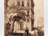 drawing of a street scene with a man and a woman walking down the street