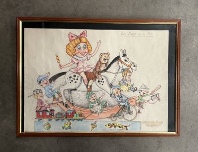 tableau représentant une fillette sur un cheval à bascule, entourée d'un groupe d'animaux